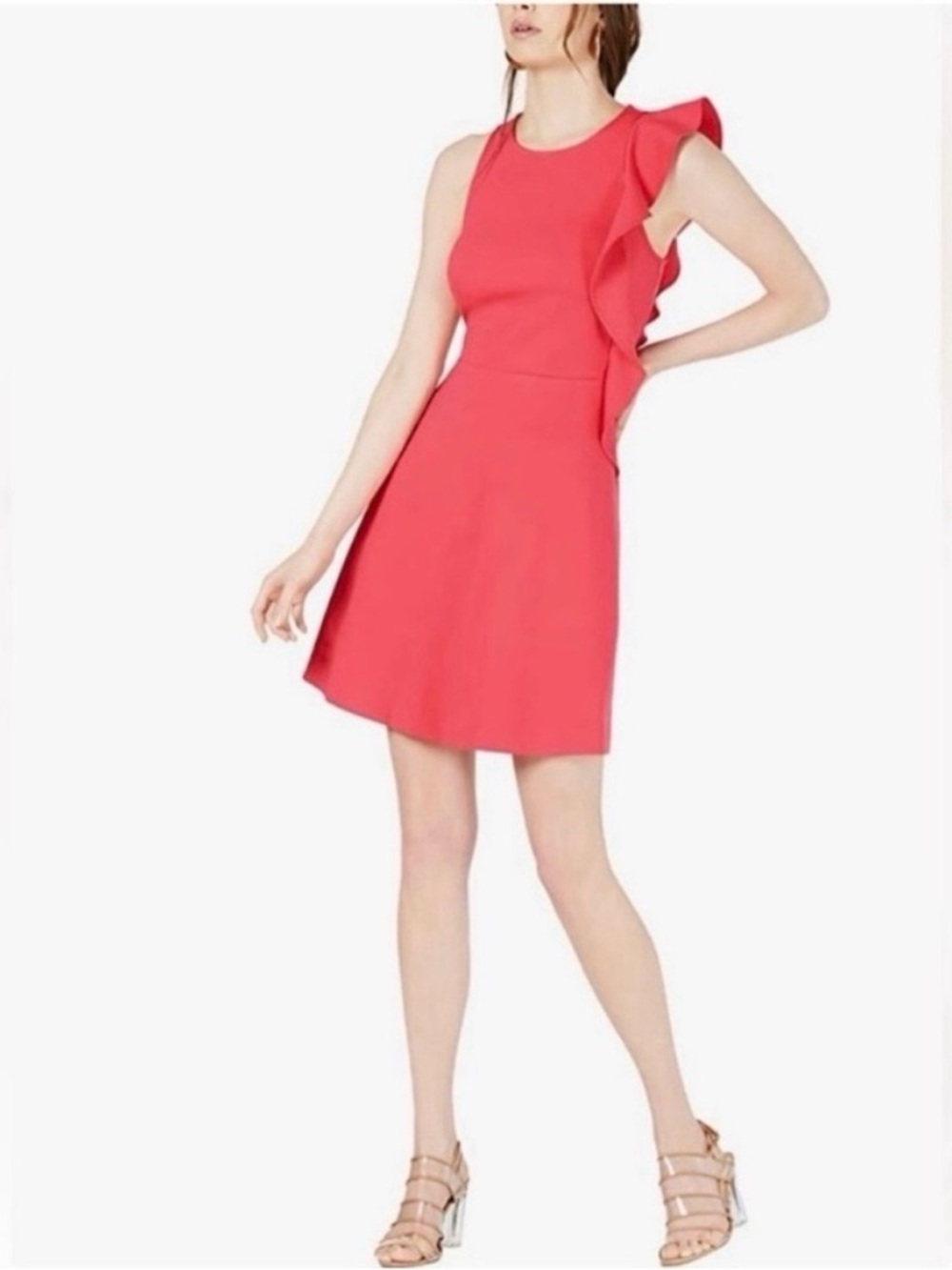 🧡NWT! BAR III Coral Fit & Flare Sleeveless Ruffle Dress - Size Large